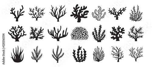 Coral silhouettes, seaweed black icon. Abstract organic corals shape, underwater plant, sea doodle. Cartoon marine floral isolated set 
