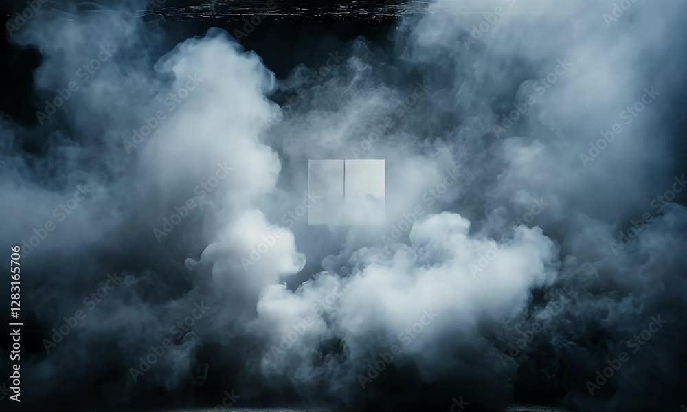A foggy, abandoned warehouse with a window revealing a mysterious atmosphere and shadows