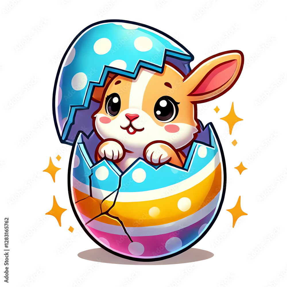 Fototapeta premium Cute bunny emerging from colorful egg.