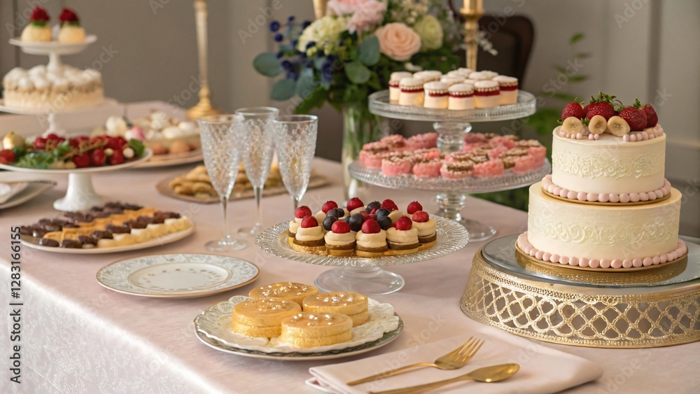Elegant Dessert Table with Assorted Pastries, Cakes, and Fresh Fruits for Special Occasions Elegant Dessert Table with Assorted Pastries, Cakes, and Fresh Fruits for Special Occasions