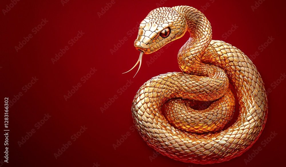 Fototapeta premium Majestic gold snake coiled on vibrant red. Hyper-realistic, luminous, and elegant. Ideal for Chinese New Year 'Year of the Snake' designs. Copy space available.