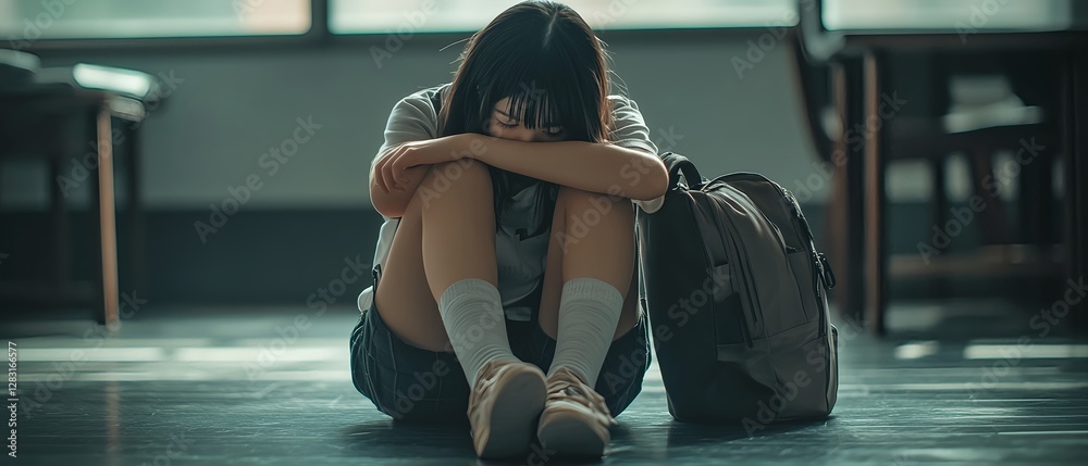 custom made wallpaper toronto digitalA photo that is a metaphor for bullying or harassment, showing a female student wearing a school uniform crouching on the floor of a dark classroom with her head down and a sad expression on her face.