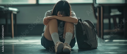 A photo that is a metaphor for bullying or harassment, showing a female student wearing a school uniform crouching on the floor of a dark classroom with her head down and a sad expression on her face.