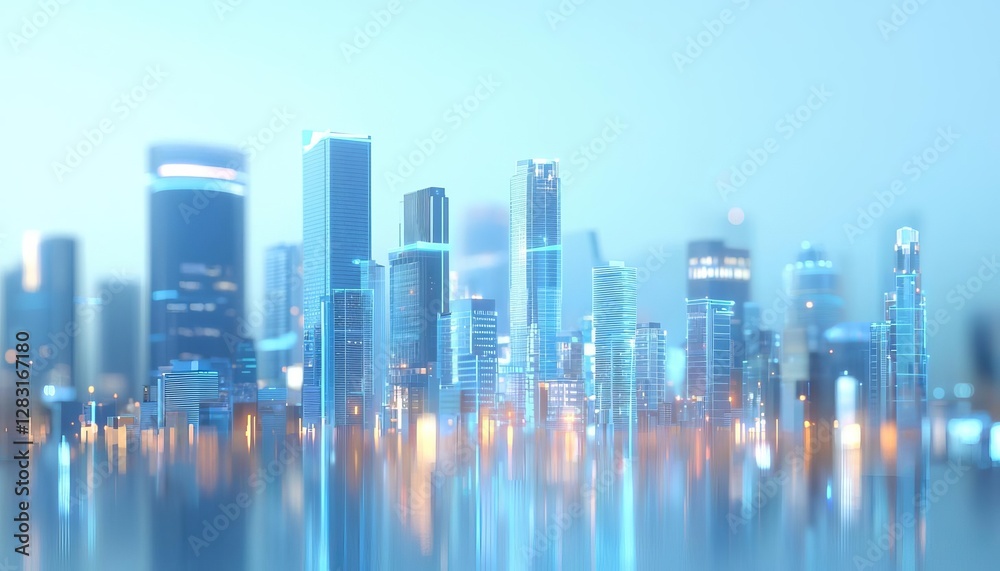 Fototapeta premium A modern skyline featuring sleek buildings and vibrant reflections by the water.