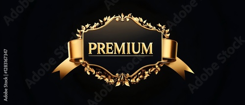 Close-up image of a luxurious button with ornate gold decoration on a black background and the word 'Premium' written in the center.