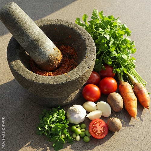 Carrot , potato , coriander leaves and garlic vegitable nearby traditional mortar stone 