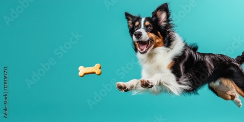 A joyful dog leaps for a toy bone against a vibrant teal background, showcasing the playful spirit and energy of pets.