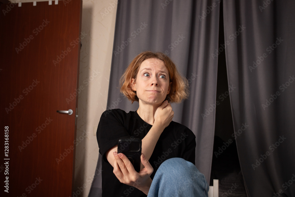 Sad woman with smartphone at home, displaying worry and disappointment, connecting technology with human emotion. Sad woman with smartphone at home, displaying worry and disappointment, connecting technology with human emotion.
