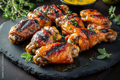 Chicken wings with honey garlic glaze and fresh herbs photo