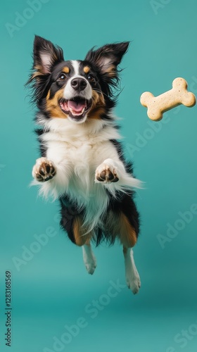 A joyful dog leaps to catch a bone against a vibrant turquoise background, capturing the spirit of fun and playfulness in pet photography.