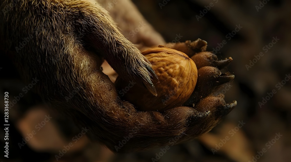 Obraz premium Close-up of a bear paw holding a walnut amidst autumn leaves in a forest setting