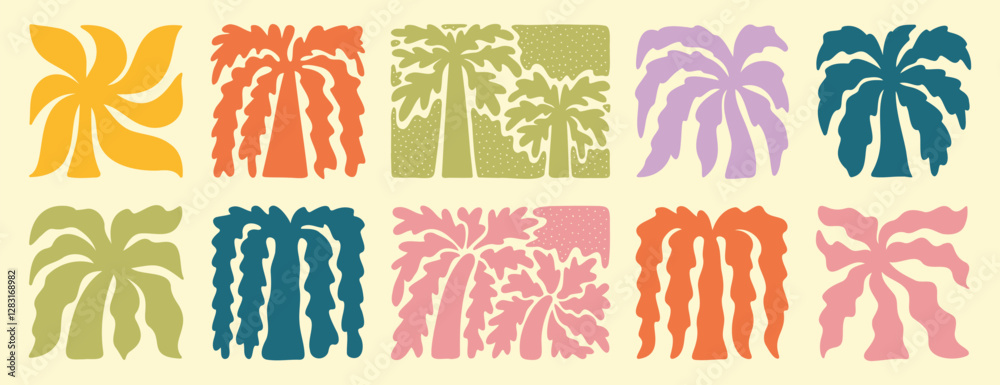 abstract boho palm tree tropical art set. retro groovy wavy summer palms. vector square tropical icons in hand drawn style for logo, print, poster, social media