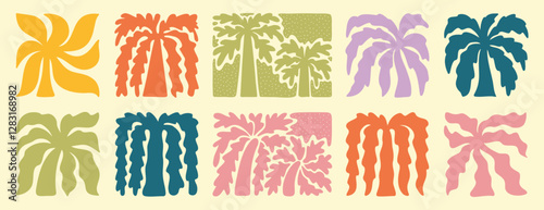 abstract boho palm tree tropical art set. retro groovy wavy summer palms. vector square tropical icons in hand drawn style for logo, print, poster, social media