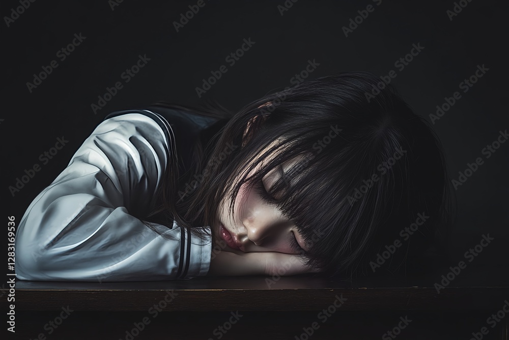 Obraz premium Metaphorical photo of sadness, depression or bullying of a student in school uniform sitting at a desk in a dark classroom with the lights off, arms crossed and eyes closed, sleeping