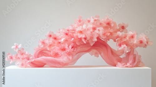 A delicate sculpture of pink flowers resembling a flowing wave, showcasing artistic craftsmanship.