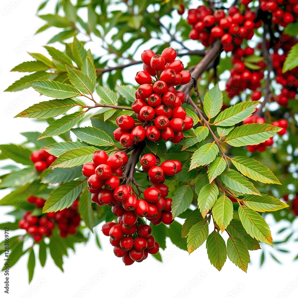Red berries cluster on green leafy branch