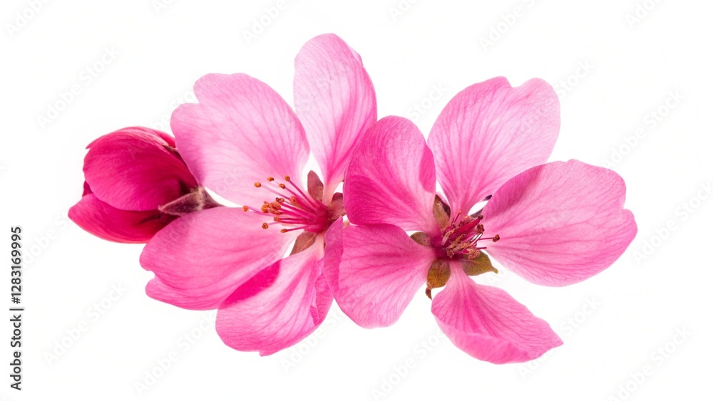 Bright pink cherry tree flowers on a white isolated background close up. Pink flower from sakura tree isolated on white background. Macro close up studio shot. Design elements isolated on white. Bright pink cherry tree flowers on a white isolated background close up. Pink flower from sakura tree isolated on white background. Macro close up studio shot. Design elements isolated on white.