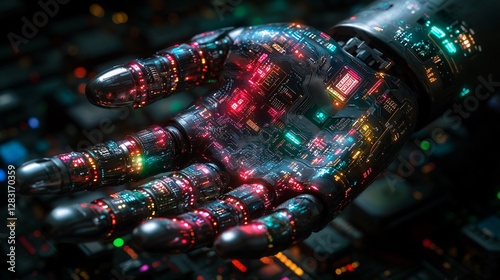 Futuristic Robotic Hand with Colorful Circuitry and Technology Design
