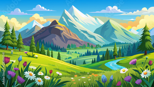 Idyllic mountain landscape with fresh green meadows and blooming wildflowers. Idyllic nature countryside view, rural outdoor natural view. idyllic banner nature, panoramic spring summer scenery