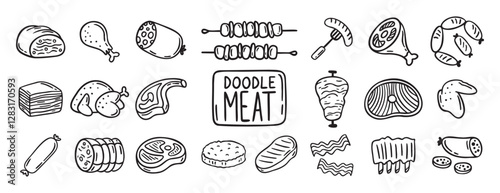 meat, pieces of meat and meat products doodle hand drawn icon set. Outline drawing meat products line clipart symbol collection
