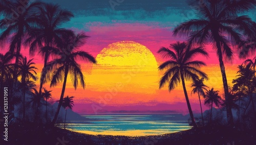Beautiful sunset on the tropical beach with palm trees. Vibrant colorful sky.