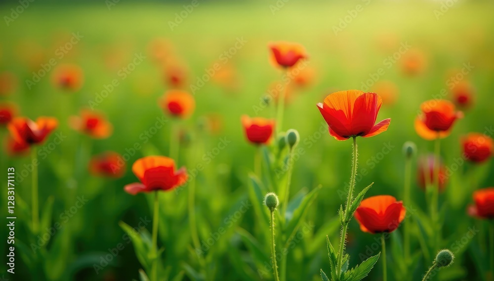 A bed of soft green wild poppy foliage covering the ground, spring, field A bed of soft green wild poppy foliage covering the ground, spring, field
