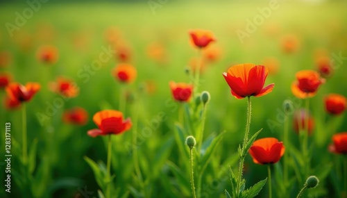 A bed of soft green wild poppy foliage covering the ground, spring, field