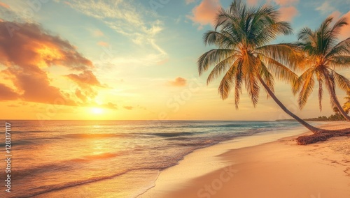 Beautiful sunset on the tropical beach with palm trees. Vibrant colorful sky.