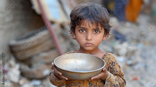 Hunger and Food Insecurity A child with a gaunt face holds an empty bowl, standing in front of a dilapidated shelter. The barren surroundings emphasize scarcity. 