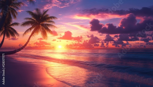 Beautiful sunset on the tropical beach with palm trees. Vibrant colorful sky.