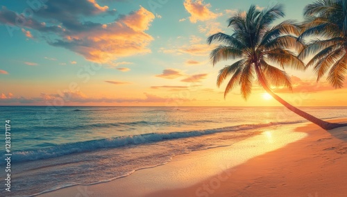 Beautiful sunset on the tropical beach with palm trees. Vibrant colorful sky.