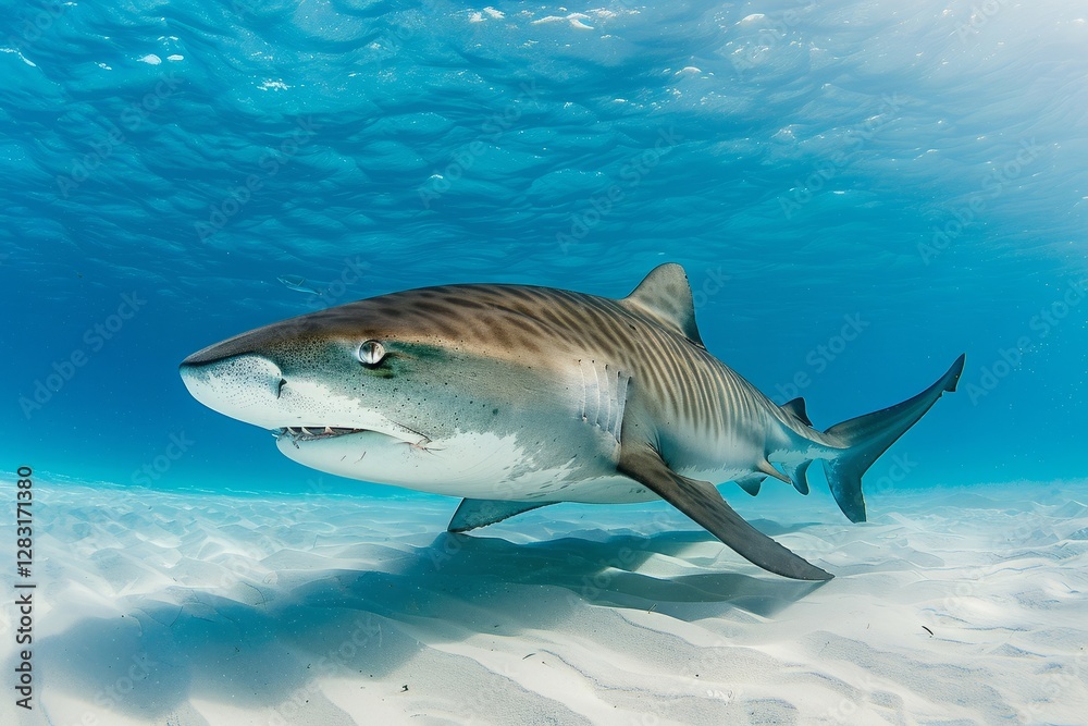 Naklejka premium Tiger Shark Up Close Full Body Shot. Stripes showing in clear blue water with white sandy bottom. Photo taken in The Bahamas.
