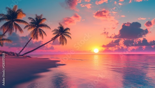 Beautiful sunset on the tropical beach with palm trees. Vibrant colorful sky.