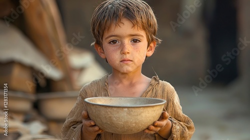 Hunger and Food Insecurity A child with a gaunt face holds an empty bowl, standing in front of a dilapidated shelter. The barren surroundings emphasize scarcity. 