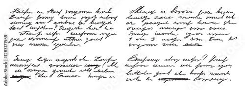unreadable handwriting template, paragraphs and sentences. Doodle hand drawn of unreadable text on a white background.