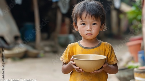 Hunger and Food Insecurity A child with a gaunt face holds an empty bowl, standing in front of a dilapidated shelter. The barren surroundings emphasize scarcity. 