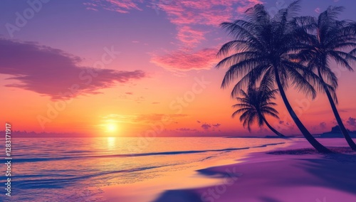 Beautiful sunset on the tropical beach with palm trees. Vibrant colorful sky.