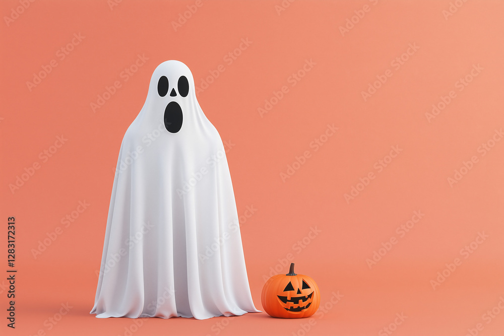 Spooky Halloween Setup: A charming and slightly eerie Halloween scene unfolds, with a classic ghost character and a grinning carved pumpkin as its companion, set against a vibrant orange backdrop. Spooky Halloween Setup: A charming and slightly eerie Halloween scene unfolds, with a classic ghost character and a grinning carved pumpkin as its companion, set against a vibrant orange backdrop.