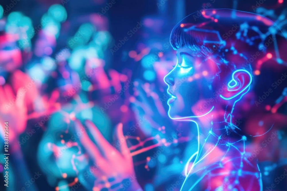 A woman posing with neon lights in the background A woman posing with neon lights in the background