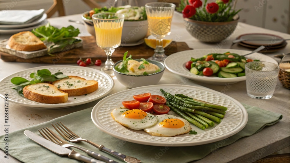 Bright and Colorful Brunch Table Setting with Fresh Ingredients and Delicious Dishes for Morning Meal Bright and Colorful Brunch Table Setting with Fresh Ingredients and Delicious Dishes for Morning Meal