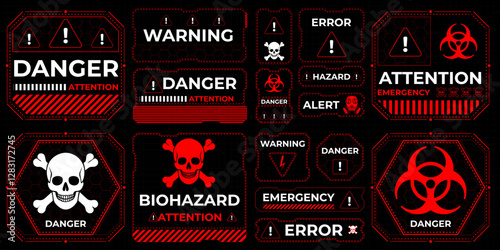 Conceptual HUD danger zone layout featuring red warning frames and futuristic alert elements. Vector illustration perfect for print and digital interfaces, including caution signs, attention alerts