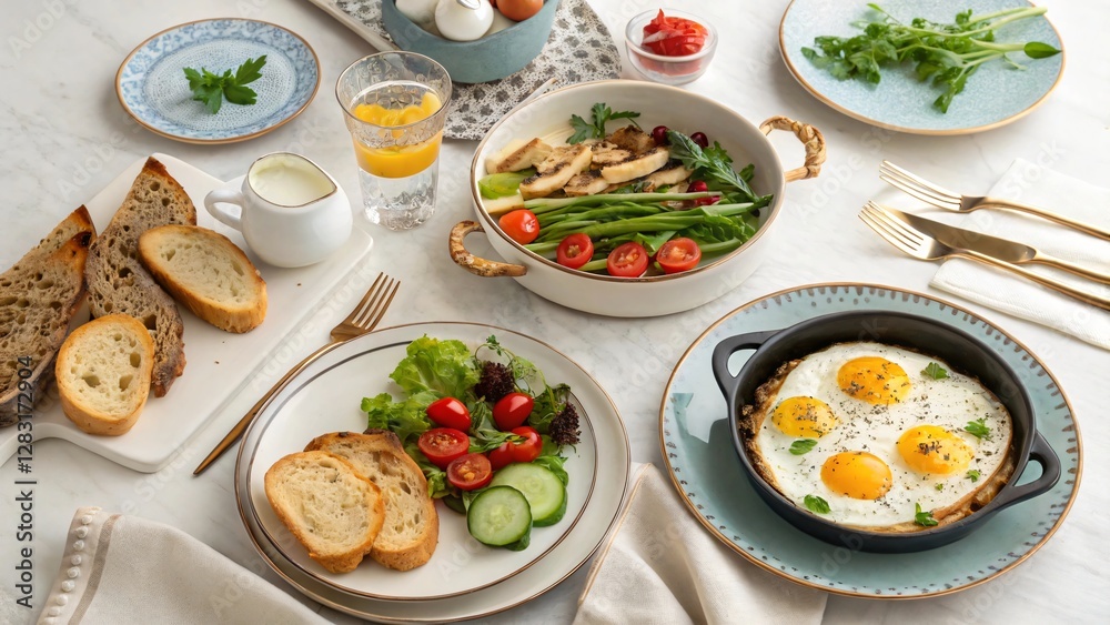 Colorful and Healthy Breakfast Spread Featuring Eggs, Fresh Vegetables, and Artisan Bread on a Table Colorful and Healthy Breakfast Spread Featuring Eggs, Fresh Vegetables, and Artisan Bread on a Table