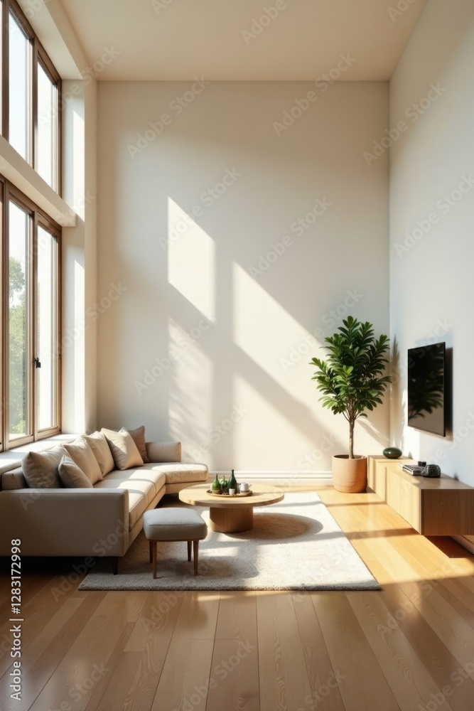 Fototapeta premium Modern Minimalist Living Room Interior Design with Natural Light and Hardwood Floors