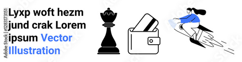 Chess queen, wallet with cards, person riding a flying pencil. Ideal for financial management, strategic planning, creativity, innovation, education marketing and technology themes. Landing page