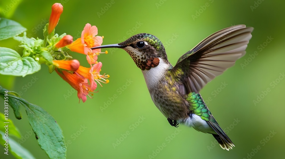 Fototapeta premium A vibrant hummingbird hovering near colorful flowers in a lush garden setting, showcasing nature's beauty
