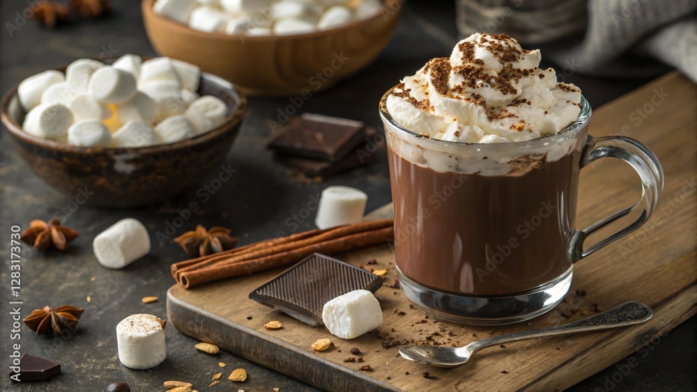 Rich Hot Chocolate with Whipped Cream and Marshmallows on a Rustic Table with Spices and Chocolate Pieces Rich Hot Chocolate with Whipped Cream and Marshmallows on a Rustic Table with Spices and Chocolate Pieces