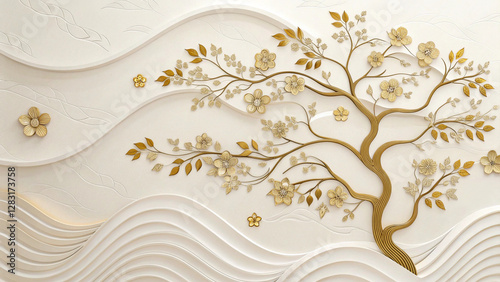 Luxurious wall art featuring a golden tree with embossed leaves, floral details, and flowing wave patterns.