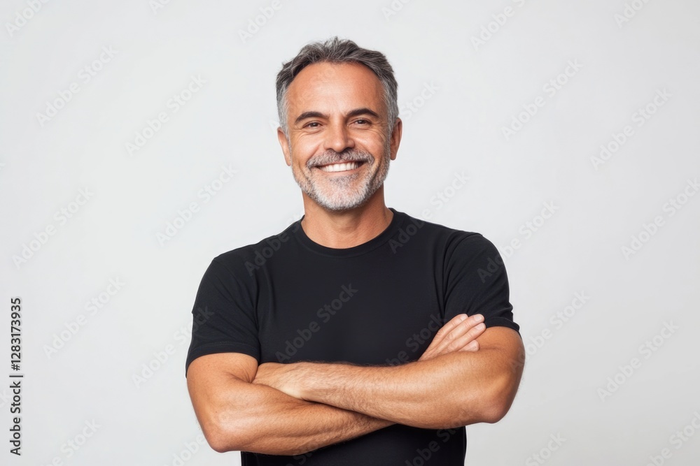 Smiling middle aged man with his arms crossed, wearing a black t shirt on white background. Smiling middle aged man with his arms crossed, wearing a black t shirt on white background.