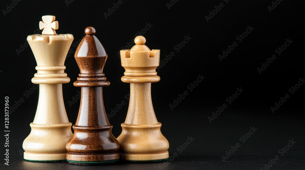 Close Up of White King, Black Bishop, and White Queen Chess Pieces on Dark Background Close Up of White King, Black Bishop, and White Queen Chess Pieces on Dark Background