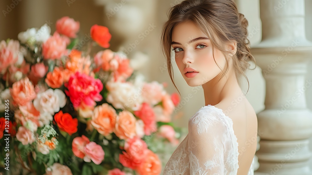 Stunning Bride in Lace Dress Posing with Flowers Stunning Bride in Lace Dress Posing with Flowers
